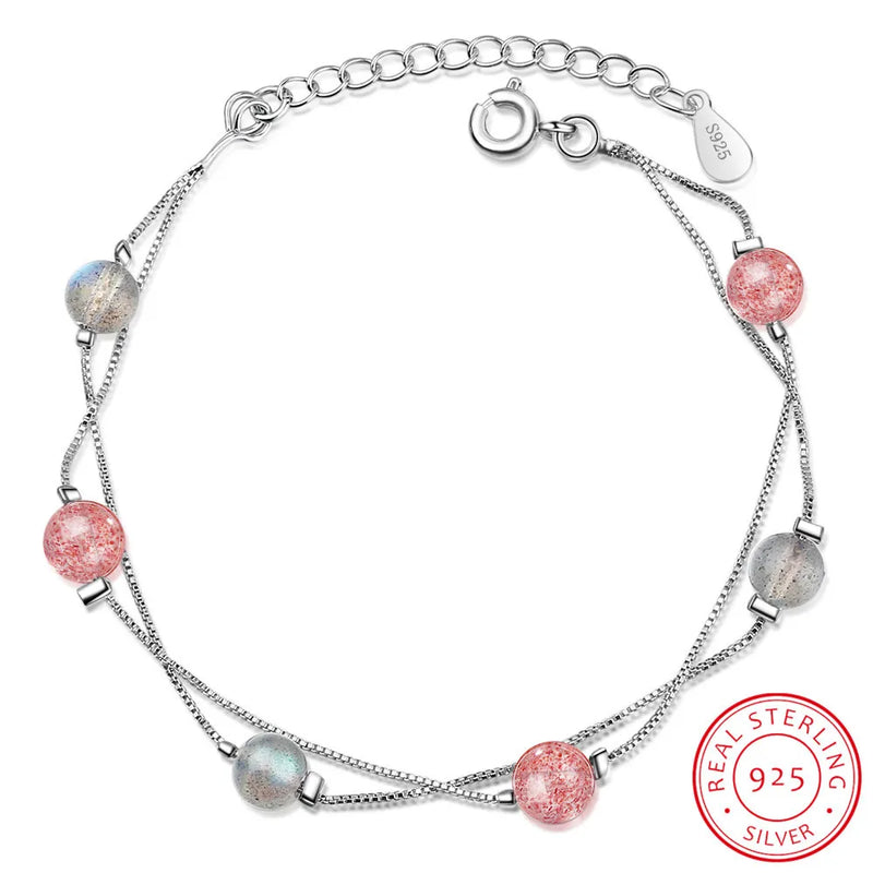 Moonstone & Pink Strawberry Crystal 925 Silver Bracelet