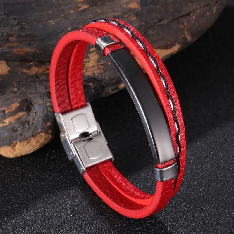 Leather Rope Bracelet Stainless Steel Charm Bangle FR1211