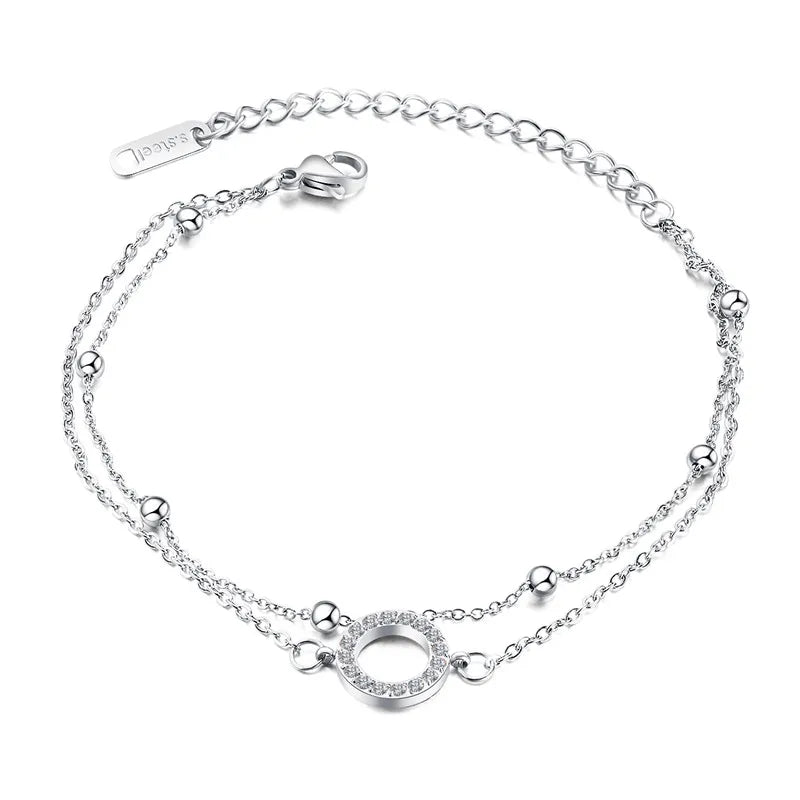Double Layer Link Chain CZ Bangle Bracelet Stainless Steel Cuff Hand Jewelry