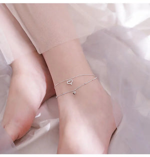 925 Sterling Silver Love Heart Anklet Bracelet CZ Foot Jewelry