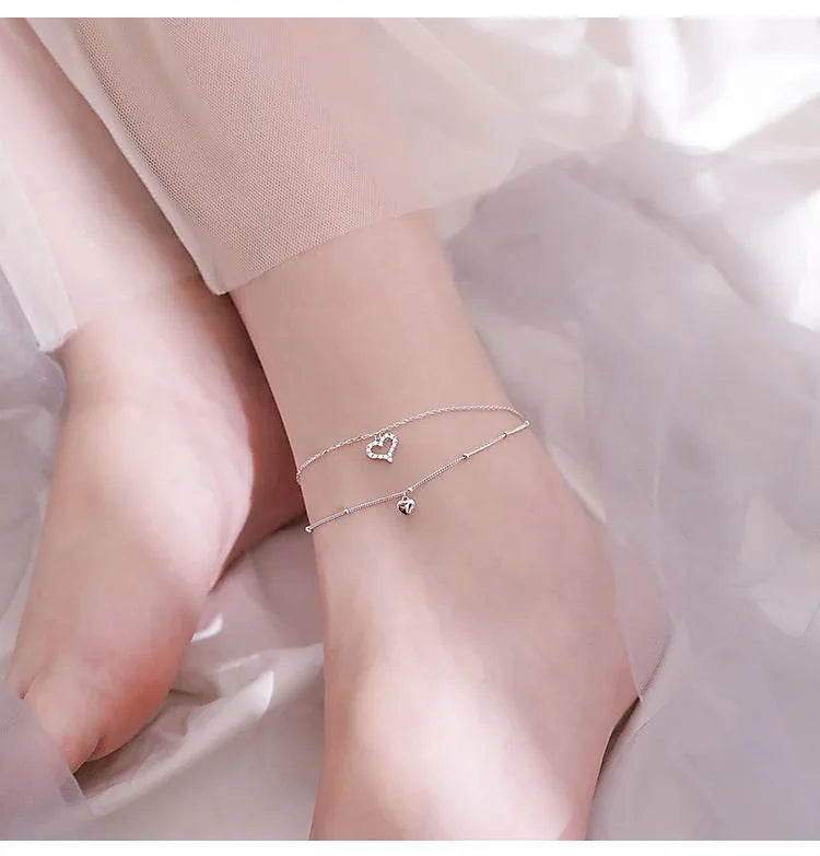 925 Sterling Silver Love Heart Anklet Bracelet CZ Foot Jewelry