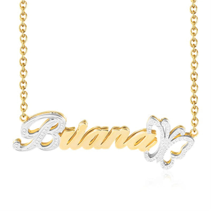 Personalized Double Layer Name Necklace with Butterfly Pendant