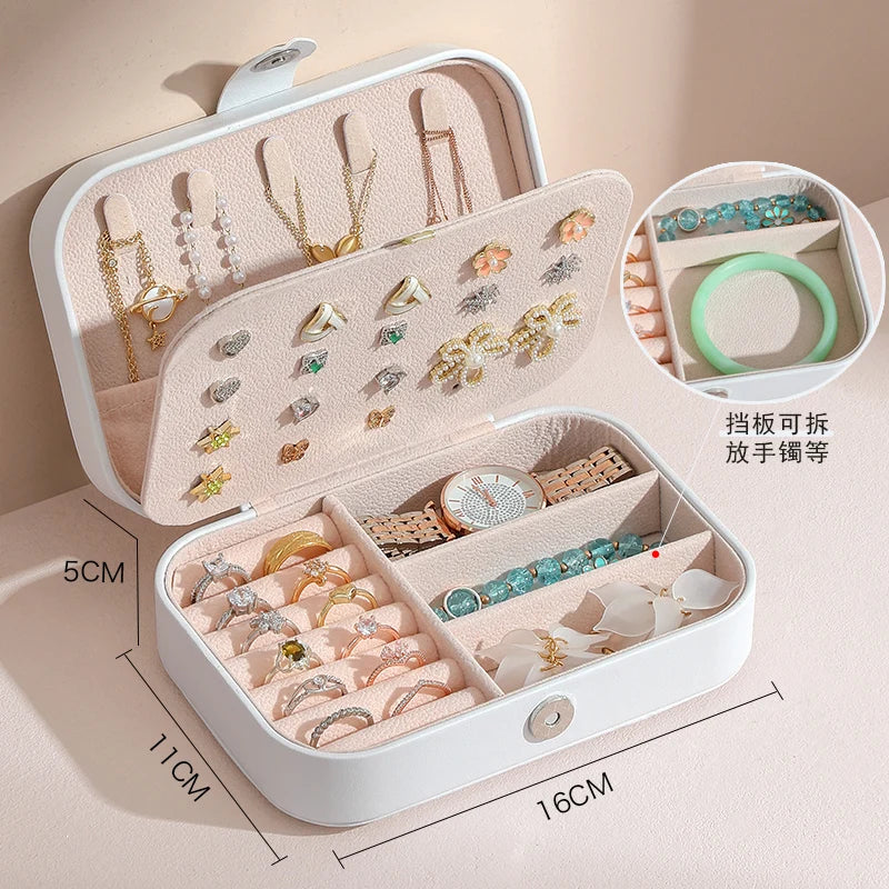 Double-Layer Portable Jewelry Box Button Leather Storage