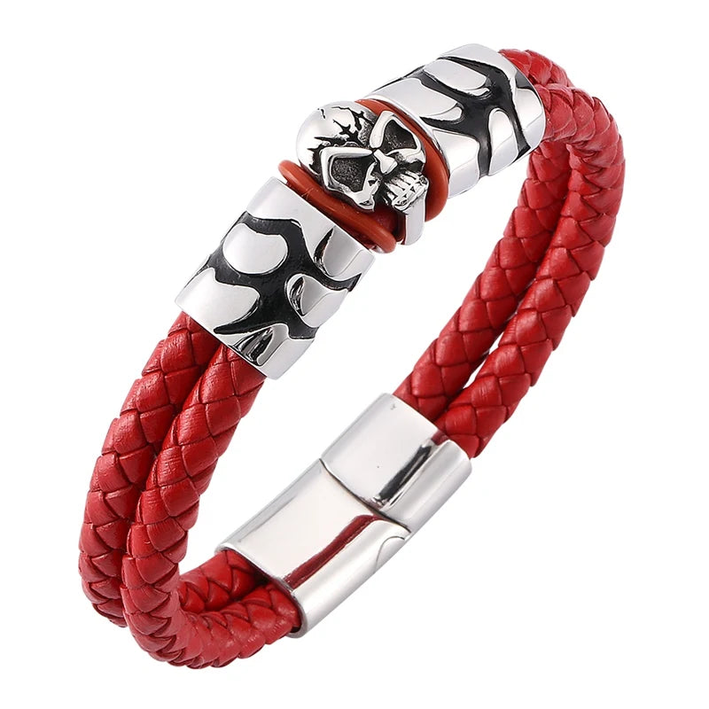 Red Braided Leather Men Bracelet Skull Bangle