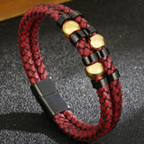 Red Leather Wrap Bracelet for Men Plated Steel Men's Bracelet with Magnet Clasp