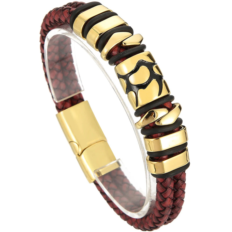 Red Leather Wrap Bracelet for Men Plated Steel Men's Bracelet with Magnet Clasp