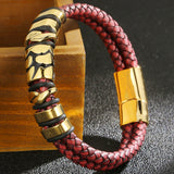 Red Leather Wrap Bracelet for Men Plated Steel Men's Bracelet with Magnet Clasp