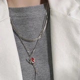 Double Layer Red Zircon Rose Pendant Necklace Y2K Layered Flower Stone Chain