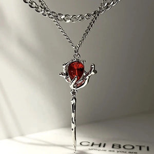 Double Layer Red Zircon Rose Pendant Necklace Y2K Layered Flower Stone Chain