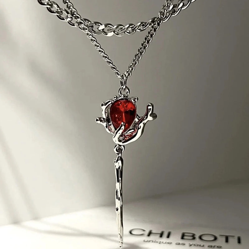 Double Layer Red Zircon Rose Pendant Necklace Y2K Layered Flower Stone Chain