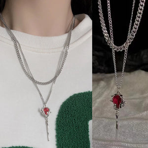 Double Layer Red Zircon Rose Pendant Necklace Y2K Layered Flower Stone Chain