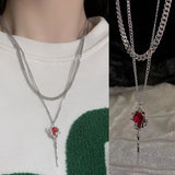 Double Layer Red Zircon Rose Pendant Necklace Y2K Layered Flower Stone Chain