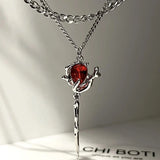 Double Layer Red Zircon Rose Pendant Necklace Y2K Layered Flower Stone Chain