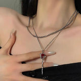 Double Layer Red Zircon Rose Pendant Necklace Y2K Layered Flower Stone Chain