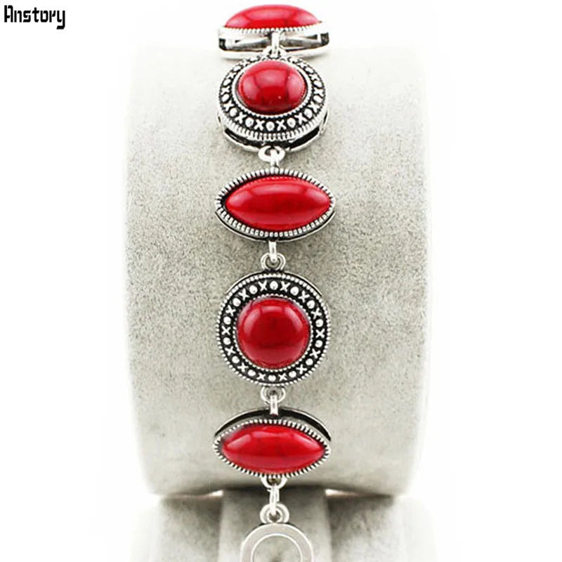Double Layer Red Stone Bracelet Vintage Look Antique Silver Plated