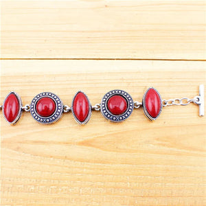 Double Layer Red Stone Bracelet Vintage Look Antique Silver Plated