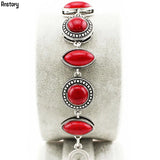 Double Layer Red Stone Bracelet Vintage Look Antique Silver Plated