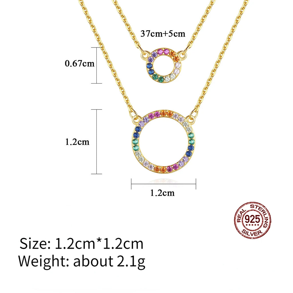 Double Layer S925 Silver Necklace Women Zircon Pendant Circle Rainbow