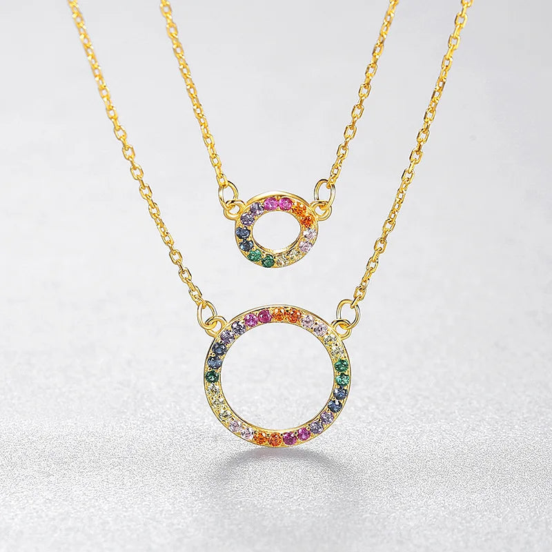 Double Layer S925 Silver Necklace Women Zircon Pendant Circle Rainbow