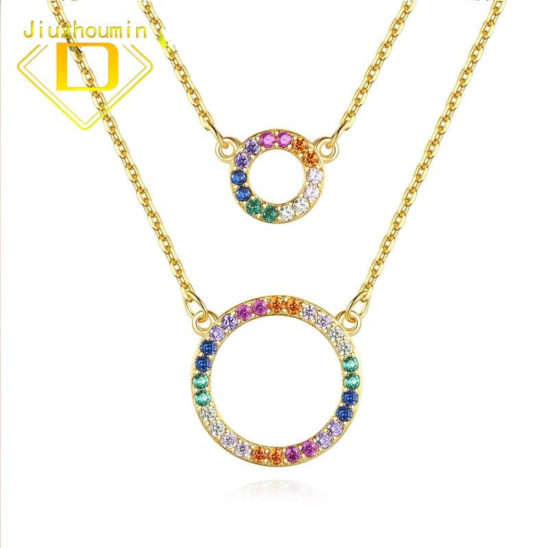 Double Layer S925 Silver Necklace Women Zircon Pendant Circle Rainbow