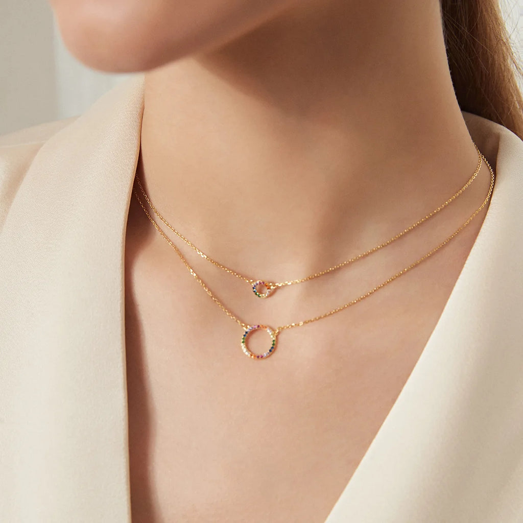 Double Layer S925 Silver Necklace Women Zircon Pendant Circle Rainbow