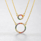 Double Layer S925 Silver Necklace Women Zircon Pendant Circle Rainbow