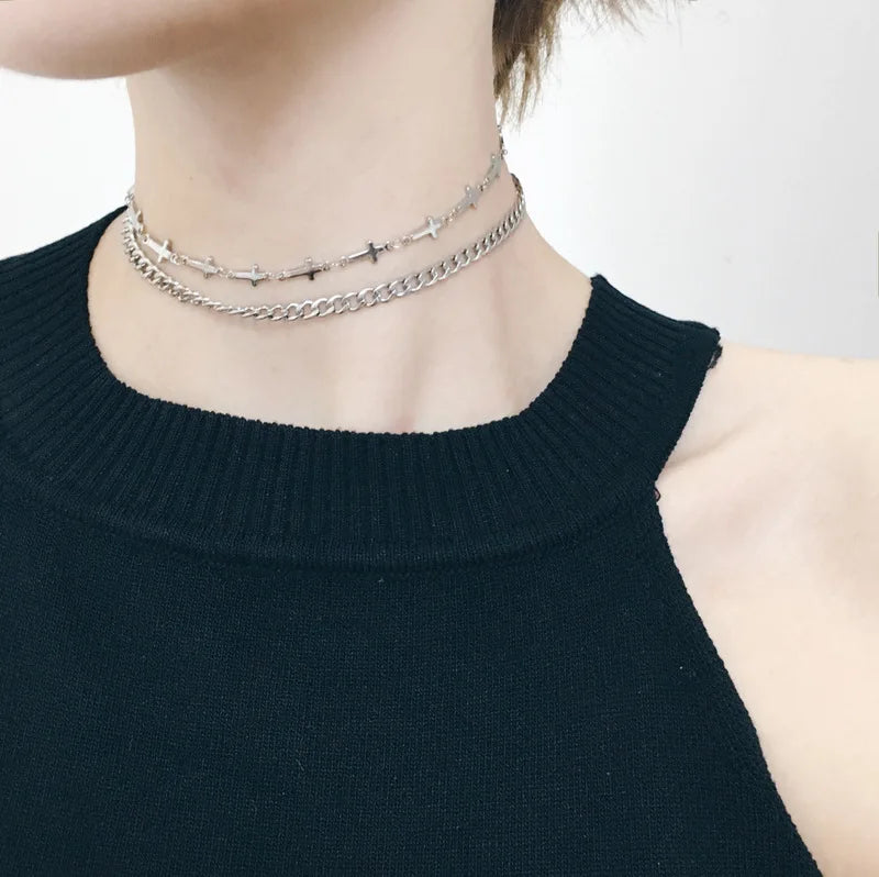 Double Layer Silver Chain Cross Collar Chokers Titanium Steel Clavicle Chain Nec