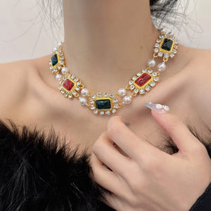 Exaggerated Double Layer Crystal Necklace for Women