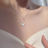 Double Layerd Chain Necklace Love Heart Pendant 925 Silver Deliveries Kpop Style