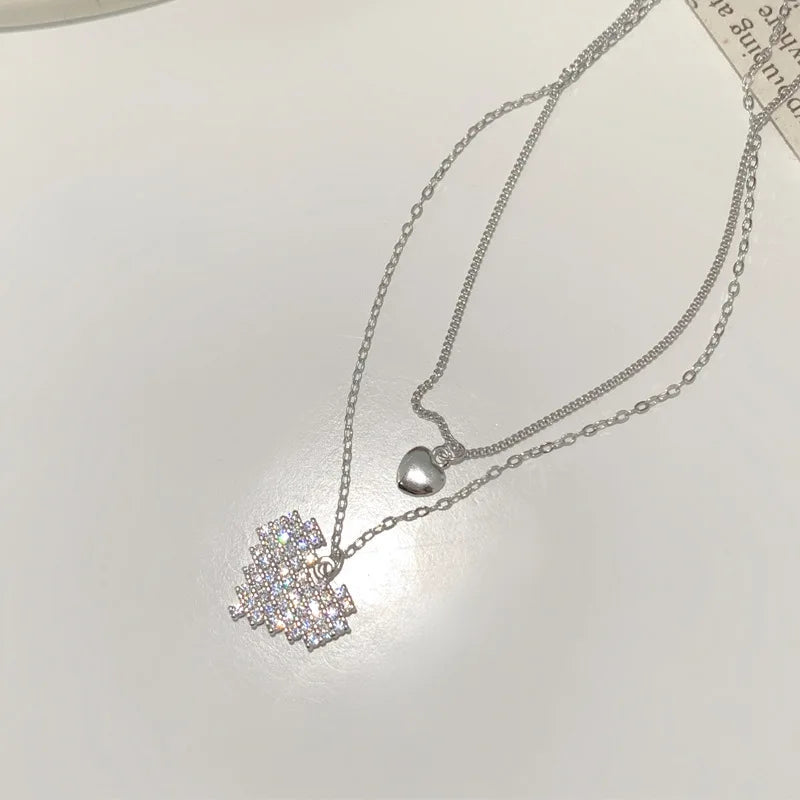 Double Layerd Chain Necklace Love Heart Pendant 925 Silver Deliveries Kpop Style