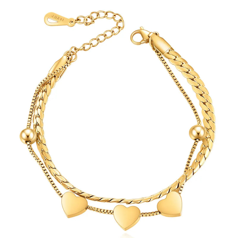 Double Layered Love Heart Bracelet Stainless Steel Charm Jewelry