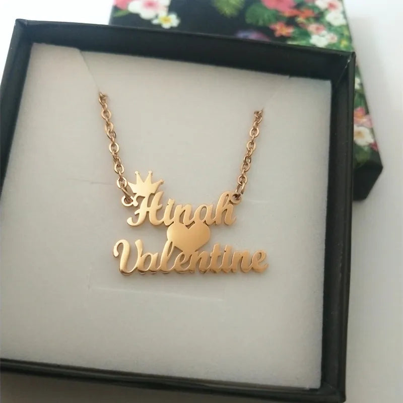 Double Names Pendant Necklace Heart Crown Charm Choker Jewelry
