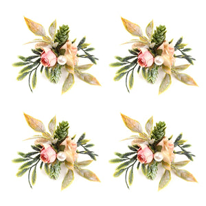 Set of 4 Pink Flower Napkin Rings with Berries & Holders