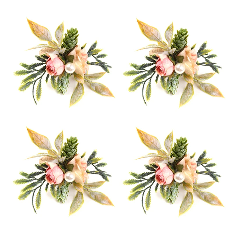 Set of 4 Pink Flower Napkin Rings with Berries & Holders