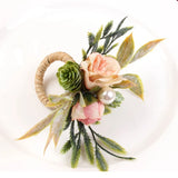 Set of 4 Pink Flower Napkin Rings with Berries & Holders