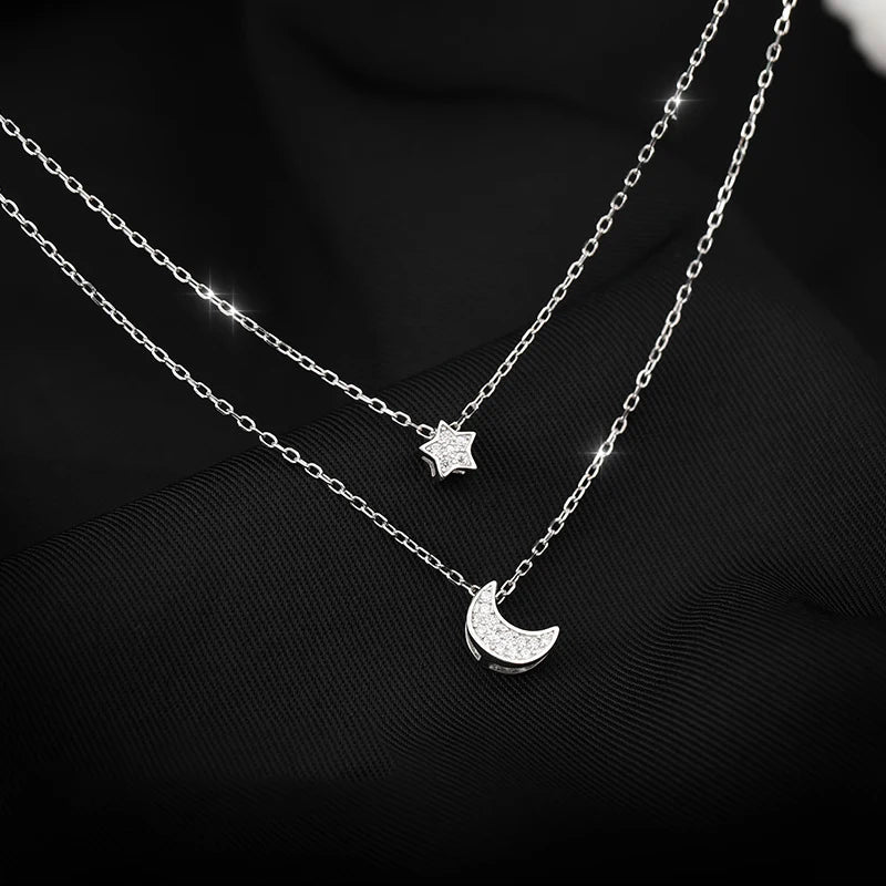 925 Silver Star Moon Pendant Double Necklace for Women