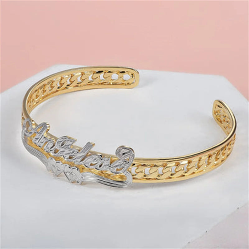 Personalized Stainless Steel Name Bracelets - Two Hearts Name Bangle