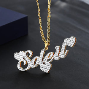 Custom Double Plate Name Necklace 18K Gold-Plated Heart Pearl Chain Jewelry