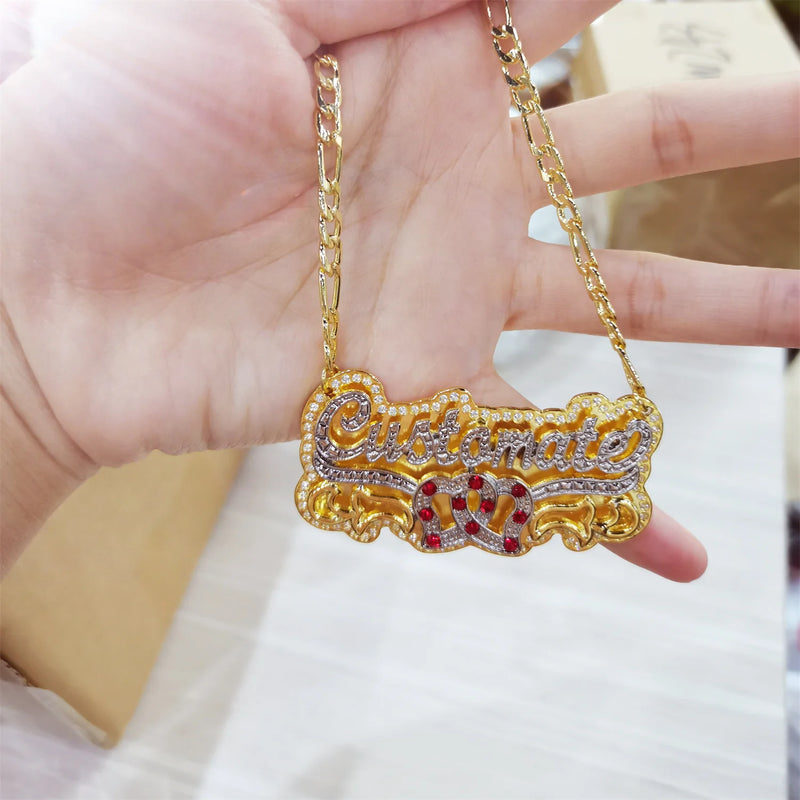 Personalized Two-tone Name Necklace Heart & Birthstone 3D Jewelry Gift