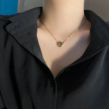 Green Diamond Double Ring Pendant Necklace 18k Yellow Gold