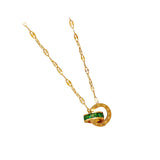 Green Diamond Double Ring Pendant Necklace 18k Yellow Gold