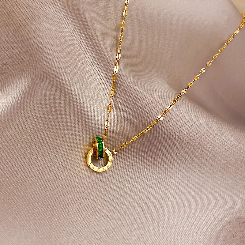 Green Diamond Double Ring Pendant Necklace 18k Yellow Gold