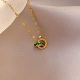 Double Ring Green Diamond 18k Yellow Pendant Necklace for Women