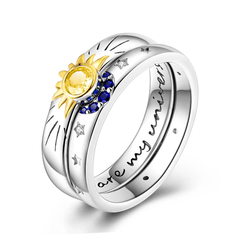 Sun Moon Double Rings Enamel Zircon 925 Silver Finger Rings Women Engagement