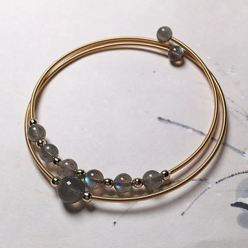 Labradorite Stone Beads Adjustable Cuff Bracelet for Women Girls