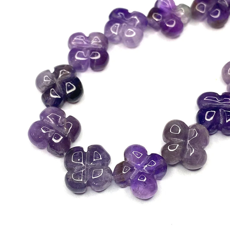 Double Sided Clover Natural Stone Beads 14mm Amethyst Charm Necklace