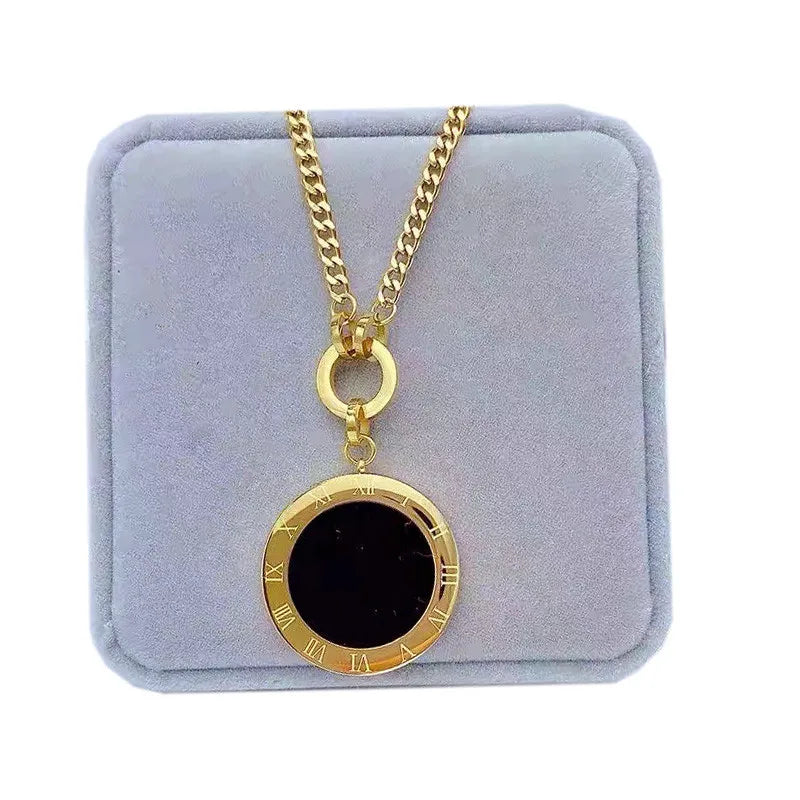 Double Sided Roman Numeral Pendant Long Chain Necklace