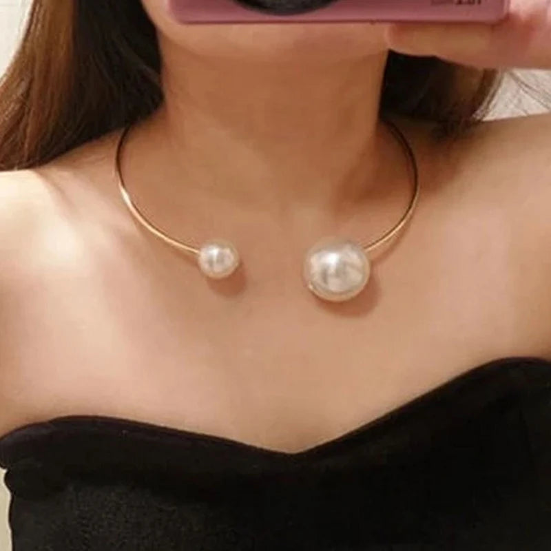 Simulated-Pearl Open Choker Necklace For Ladies Statement Torques Jewelry