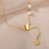 Baroque Pearl Butterfly Necklace Stainless Steel Tassel Pendant