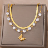 Baroque Pearl Butterfly Necklace Stainless Steel Tassel Pendant